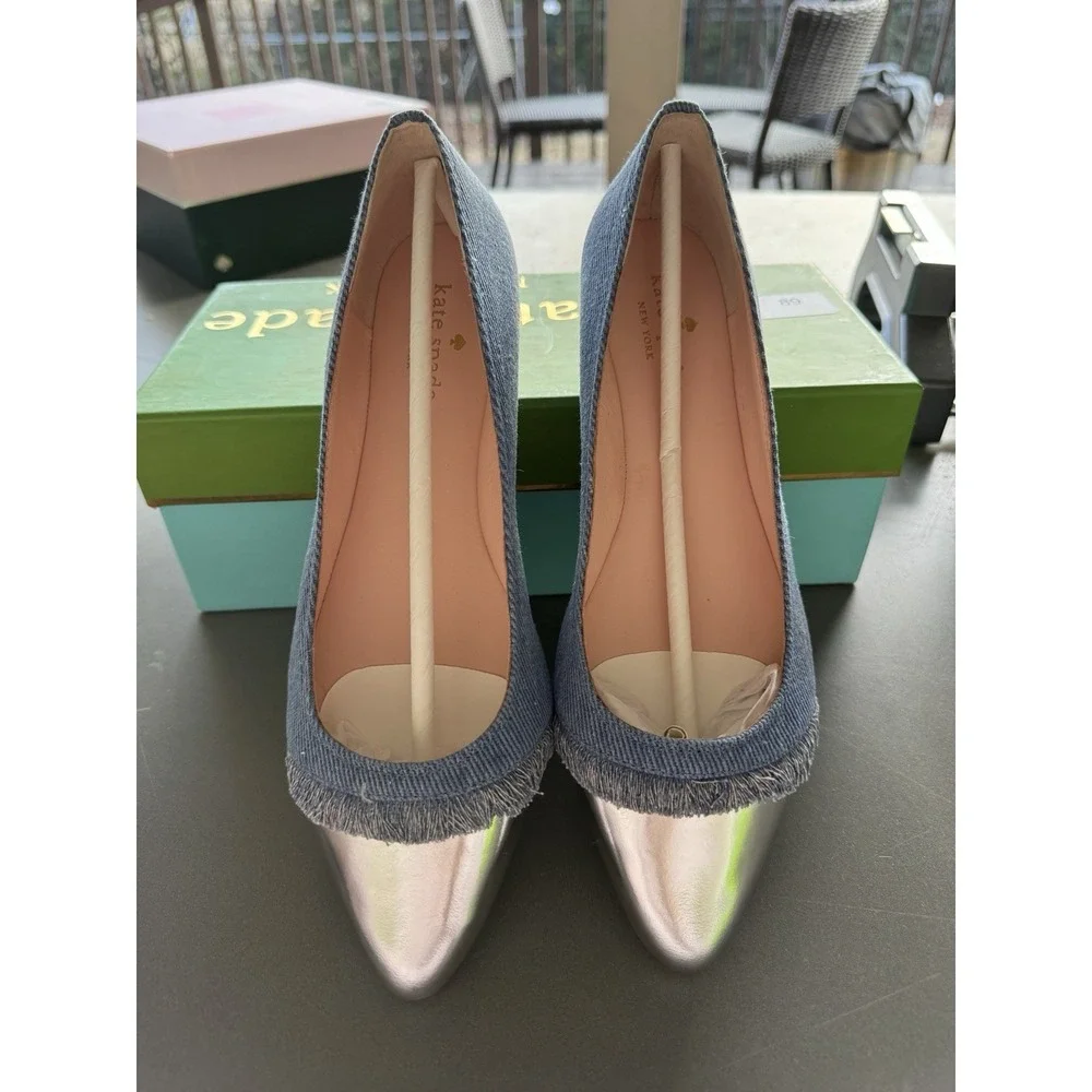 Kate Spade New York Nelly Flats Washed Denim Metallic Silver Size‎ 8